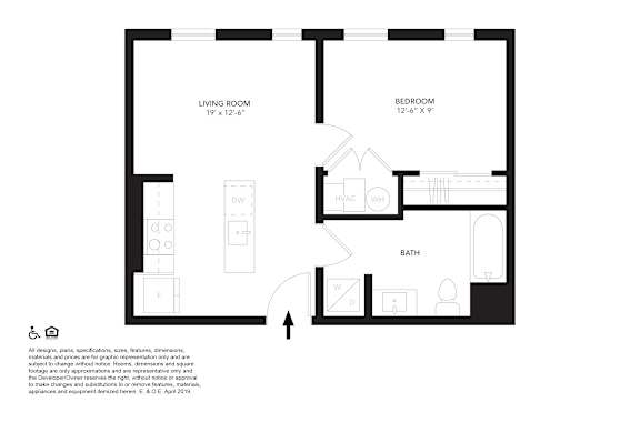 A floor plan of a small apartment with a living room, bedroom, and bathroom.