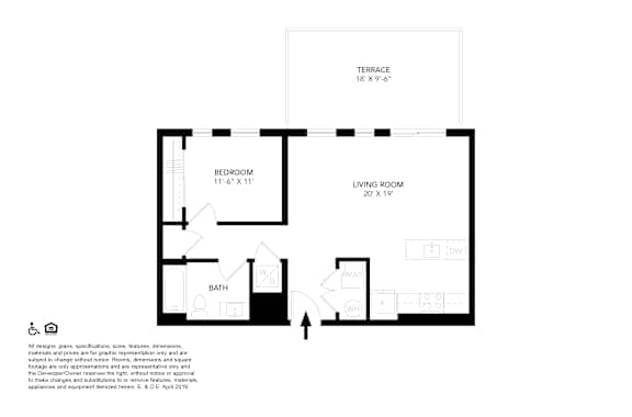 A black and white image of a floor plan for a small apartment.