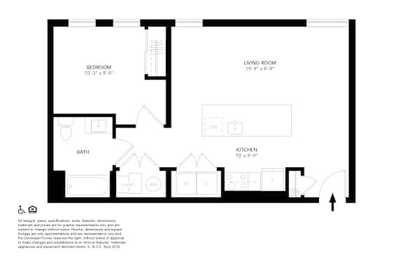 A black and white image of a floor plan for a small apartment.