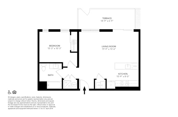A floor plan of a house with a bedroom, living room, kitchen, and bathroom.