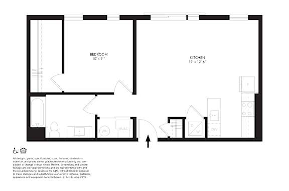 A floor plan of a room with a bedroom, a kitchen, and a bathroom.