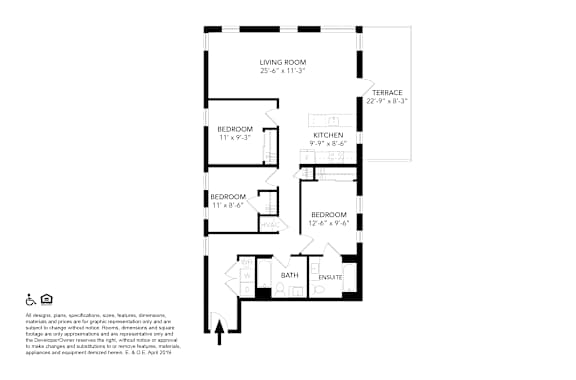 A black and white image of a floor plan for a house with a living room, terrace, kitchen, and four bedrooms.