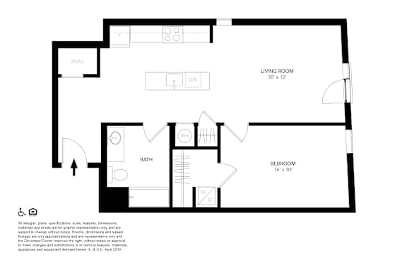 A black and white image of a floor plan for a small apartment.