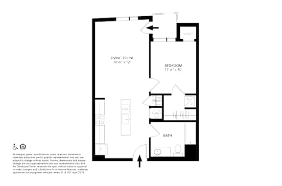 A floor plan of a small apartment with a living room, bedroom, bathroom, and kitchen.