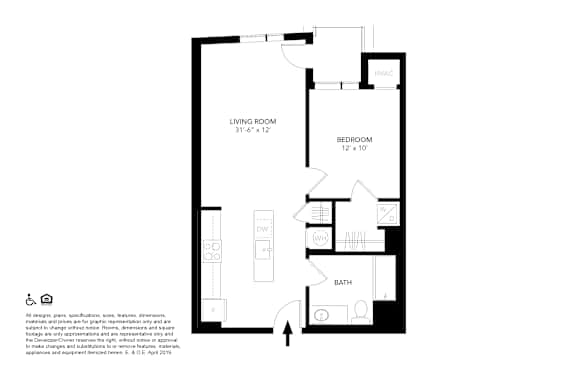 A floor plan of a small apartment with a living room, bedroom, and bathroom.
