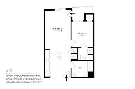 A floor plan of a small apartment with a living room, bedroom, and bathroom.