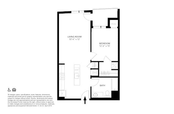 A floor plan of a small apartment with a living room, bedroom, bathroom, and kitchen.