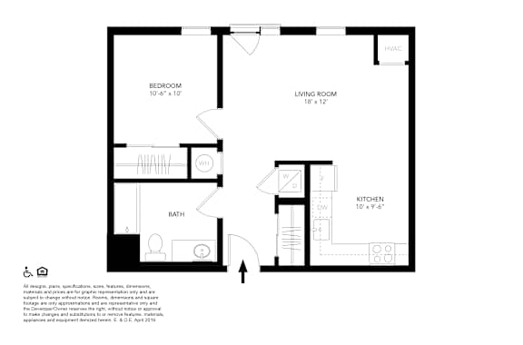 A floor plan of a small apartment with a bedroom, living room, kitchen, and bathroom.