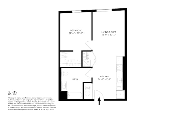 A floor plan of a small apartment with a bedroom, living room, kitchen, and bathroom.
