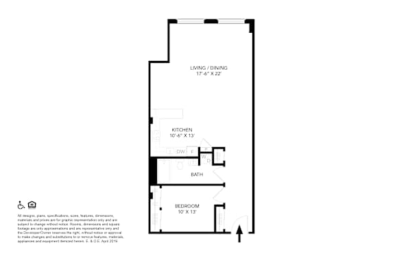 A floor plan of a small apartment with a kitchen, living room, and bathroom.