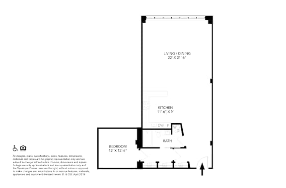A floor plan of a small apartment with a living room, kitchen, bedroom, and bathroom.