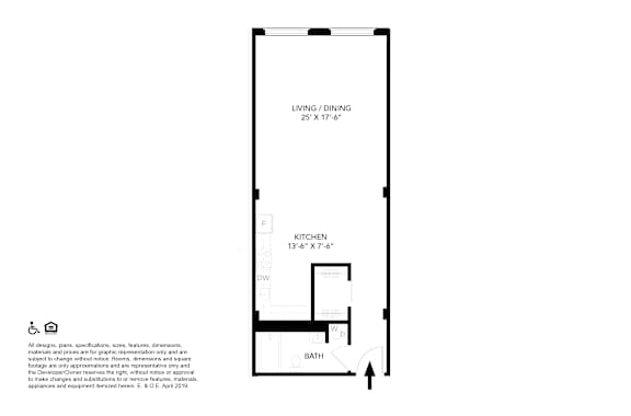 A floor plan of a living/dining room with a kitchen and bathroom.