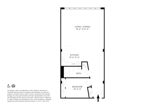 A floor plan of a small apartment with a kitchen, living room, and bathroom.