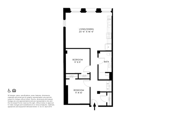 A floor plan of a small apartment with a living room, two bedrooms, and a bathroom.