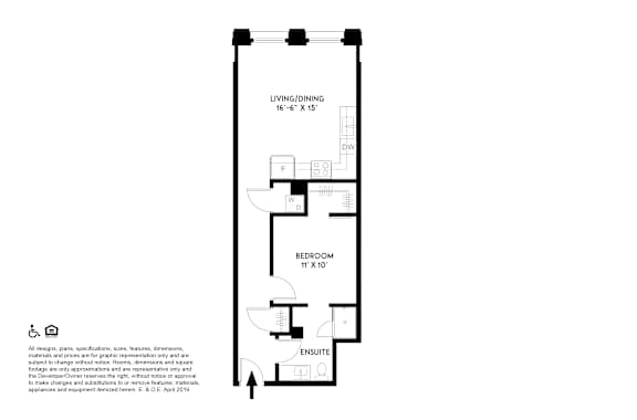 A floor plan of a small apartment with a living room, bedroom, and ensuite bathroom.