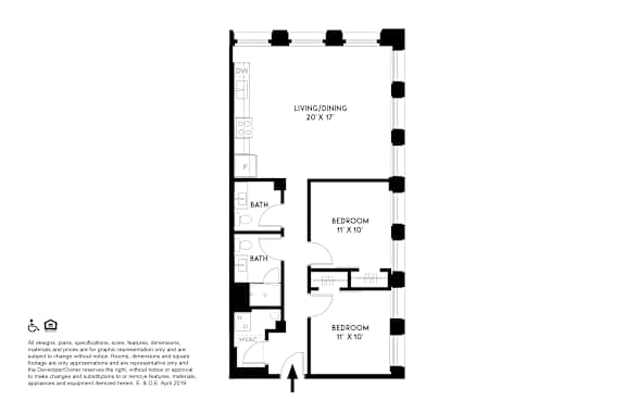 A floor plan of a living/dining area and two bathrooms.