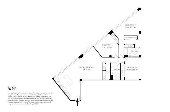 A black and white image of a floor plan for a home with three bedrooms and a living/dining area.