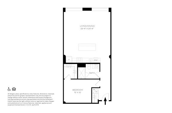 A floor plan of a small apartment with a living room, dining area, bathroom, and bedroom.