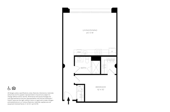 A drawing of a floor plan for a living/dining area, bathroom, and bedroom.