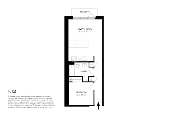 A floor plan of a balcony, living room, bath, and bedroom.