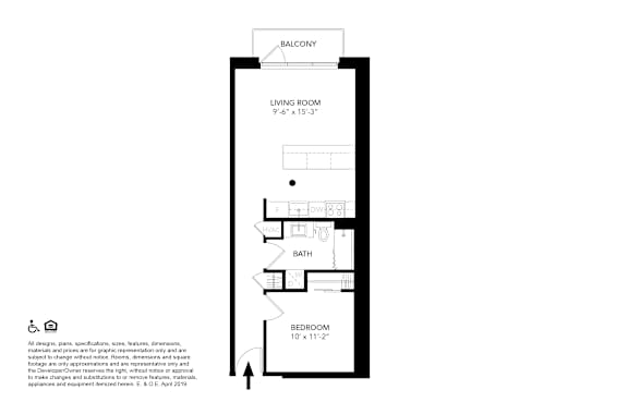 A floor plan of a one bedroom apartment with a living room, bathroom and balcony.