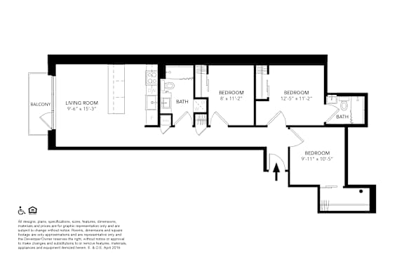 A black and white image of a floor plan for a home with a balcony, living room, bathroom, and three bedrooms.