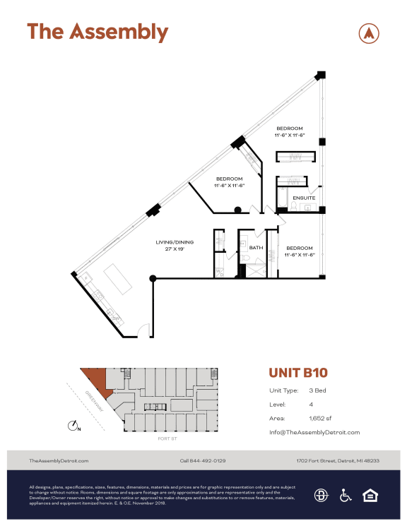 3 Bedroom 2 Bathroom A Floor Plan at The Assembly, Detroit, Michigan