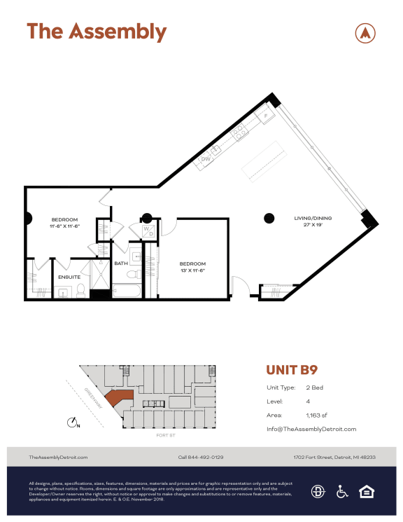 2 Bedroom 2 Bathroom BFloor Plan at The Assembly, Detroit, 48216