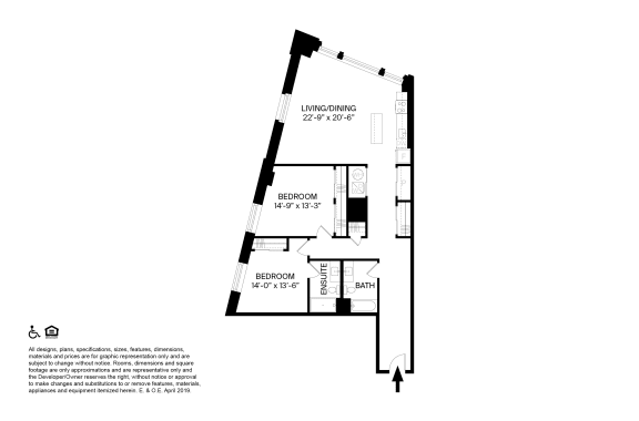 2 Bedroom 2 Bathroom Y Floor plan at The May, Cleveland, OH, 44114
