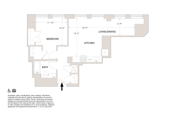 N2 One Bedroom Floor Plan at Book Tower, Detroit, MI, 48226