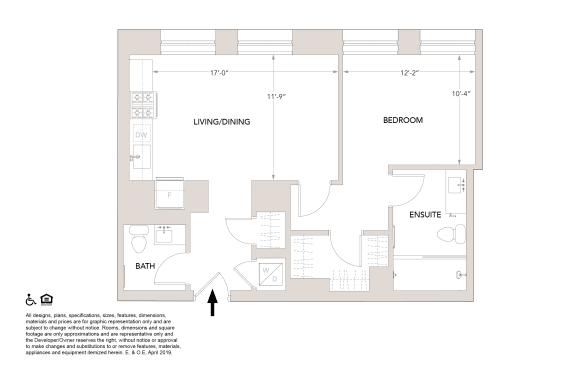 P- 1 Bedroom 1.5 Bathroom Floor Plan at Book Tower, Detroit, MI, 48226