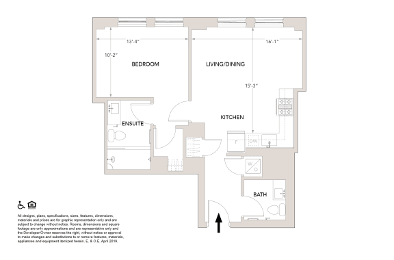 Q3 One Bedroom 1.5 Bathrooms Floor Plan at Book Tower, Detroit, MI, 48226