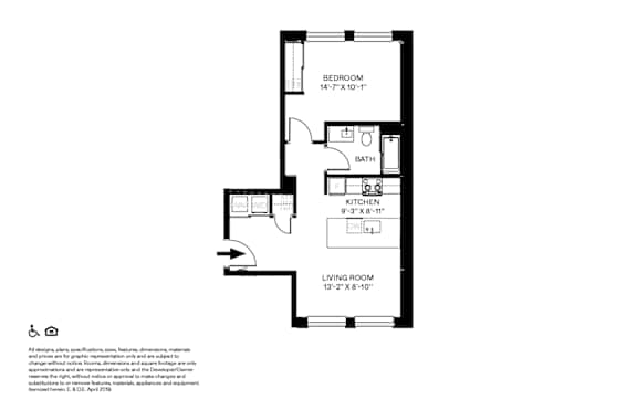A black and white image of a floor plan for a small apartment.
