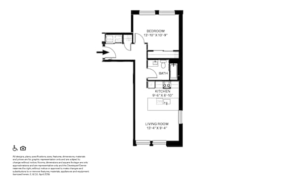 A floor plan of a small apartment with a bedroom, bathroom, kitchen, and living room.