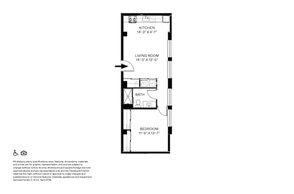 A floor plan of a small apartment with a kitchen, living room, and bath.