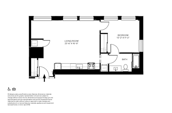 A black and white image of a floor plan for a small apartment.