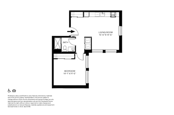 A floor plan of a small apartment with a living room, bedroom, and bathroom.