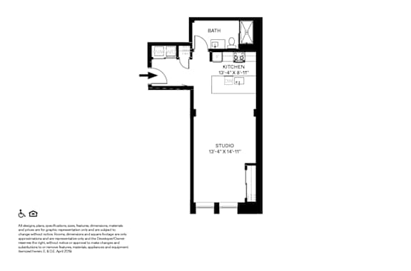 A floor plan of a studio apartment with a bath and kitchen.