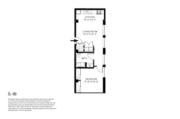 A floor plan of a small apartment with a kitchen, living room, bath, and bedroom.