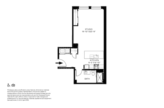 A black and white image of a floor plan for a studio apartment.