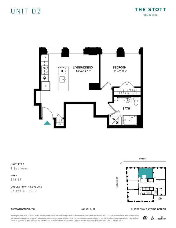 D2 Floor Plan at The Stott, Detroit, MI, 48226