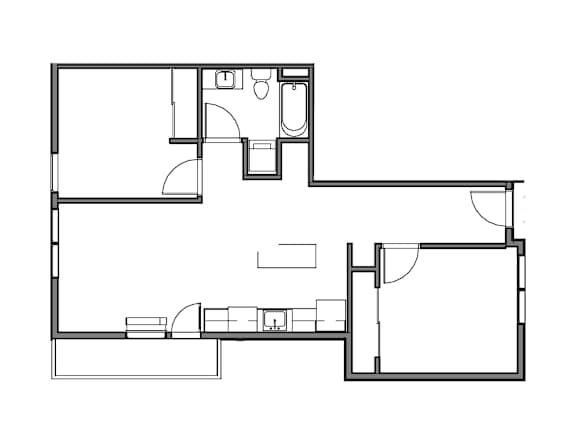 A black and white floor plan of a house with a kitchen, living room, and two bedrooms.