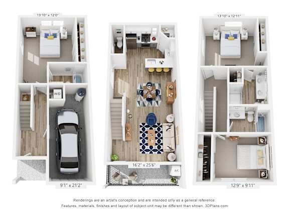 Three floor plans of a house with a car parked in the garage.