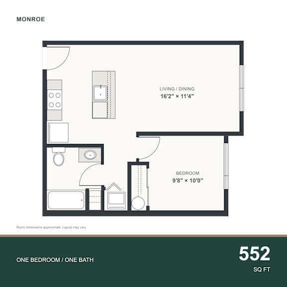 A floor plan for a 552 square foot one bedroom/one bathroom apartment.