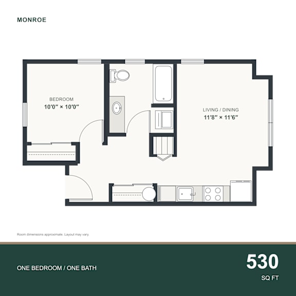 A floor plan for a one bedroom/one bath apartment.