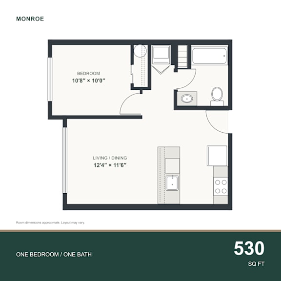 A floor plan for a 530 square foot one bedroom/one bathroom apartment.