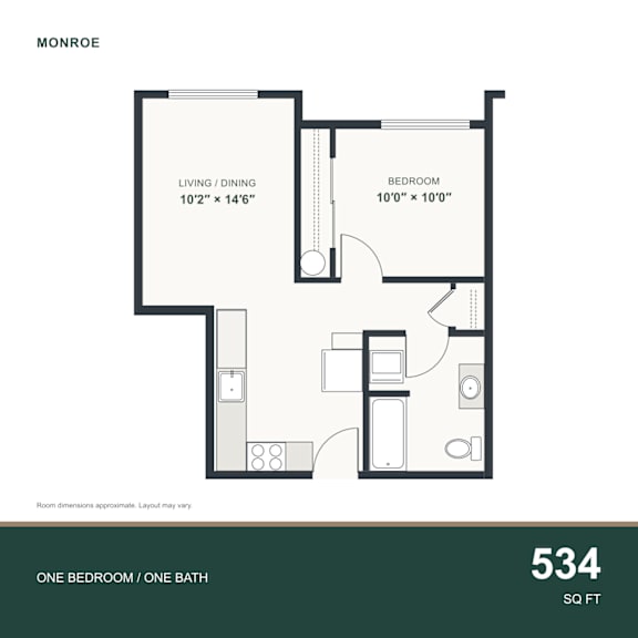 A floor plan for a 534 square foot one bedroom/one bathroom apartment.