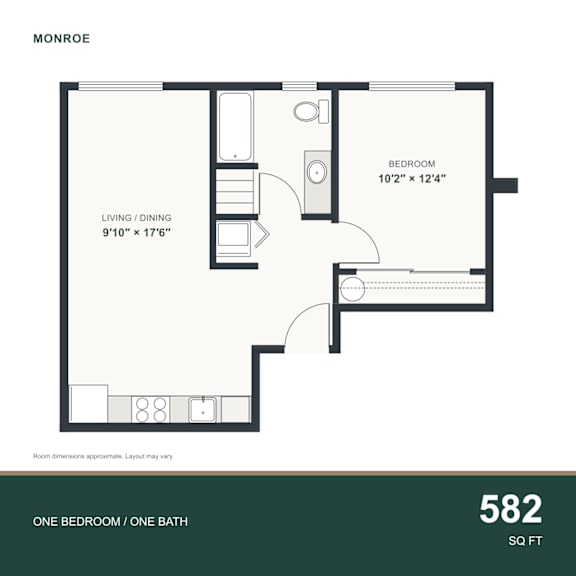 A floor plan for a one bedroom/one bathroom apartment measuring 582 square feet.