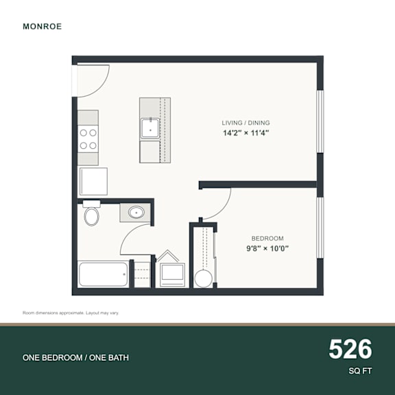 A floor plan for a 526 square foot one bedroom/one bathroom apartment.