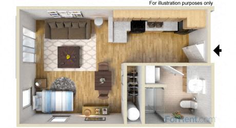 a studio apartment with a bedroom and a living room